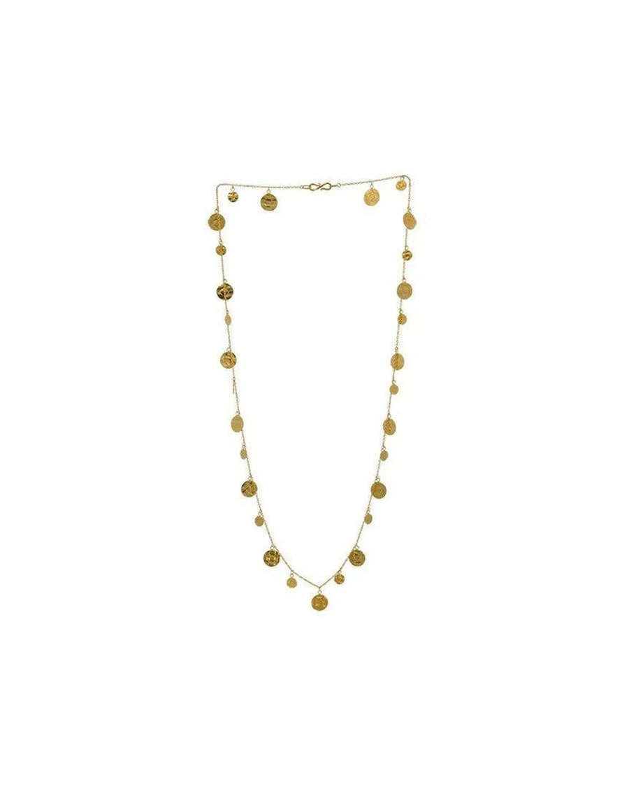 Handmade gold necklace with textured disc charms, delicate chain, elegant jewellery