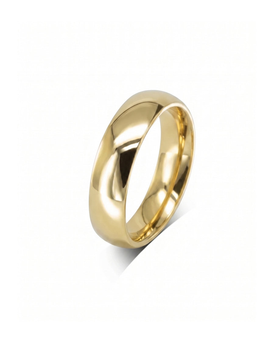 Men's classic low court wedding ring in polished yellow gold.