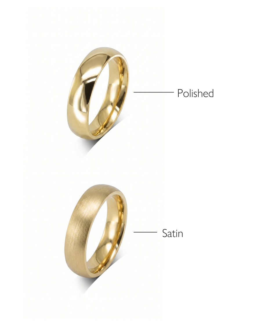 Two gold men's classic low court wedding rings, one polished and one satin finish.