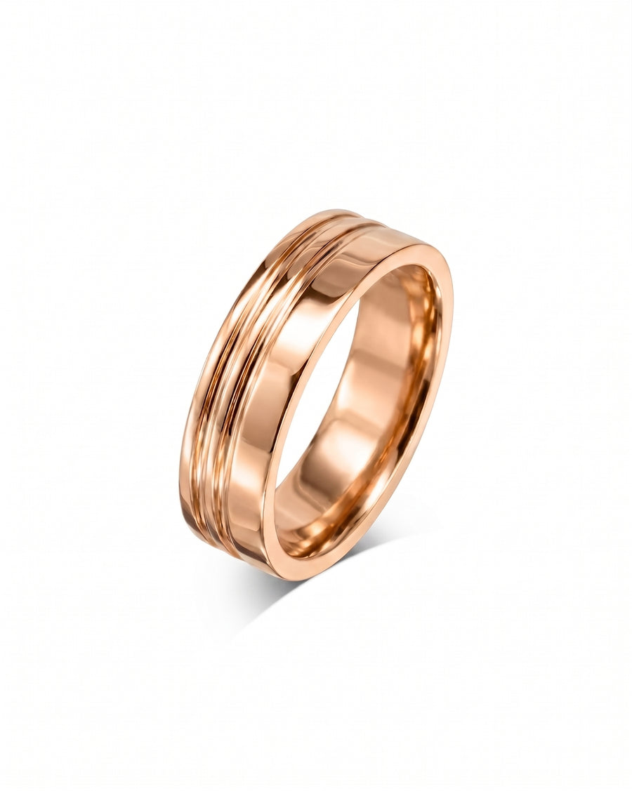 9ct rose gold 4mm flat wedding ring with engraved lines.