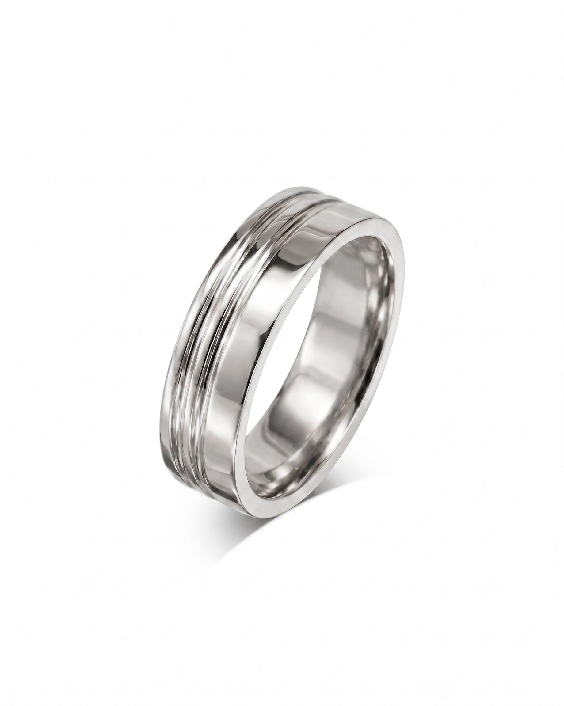 9ct white gold 4mm flat wedding ring with engraved lines.