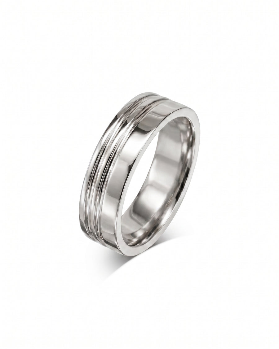 9ct white gold 4mm flat wedding ring with engraved lines.