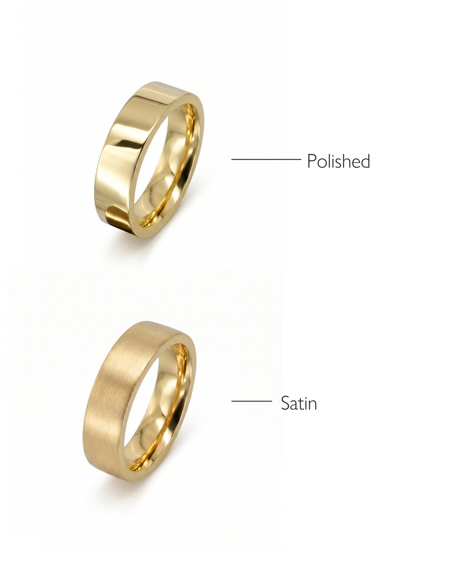 Two men's flat gold wedding rings, one polished and one satin finish.