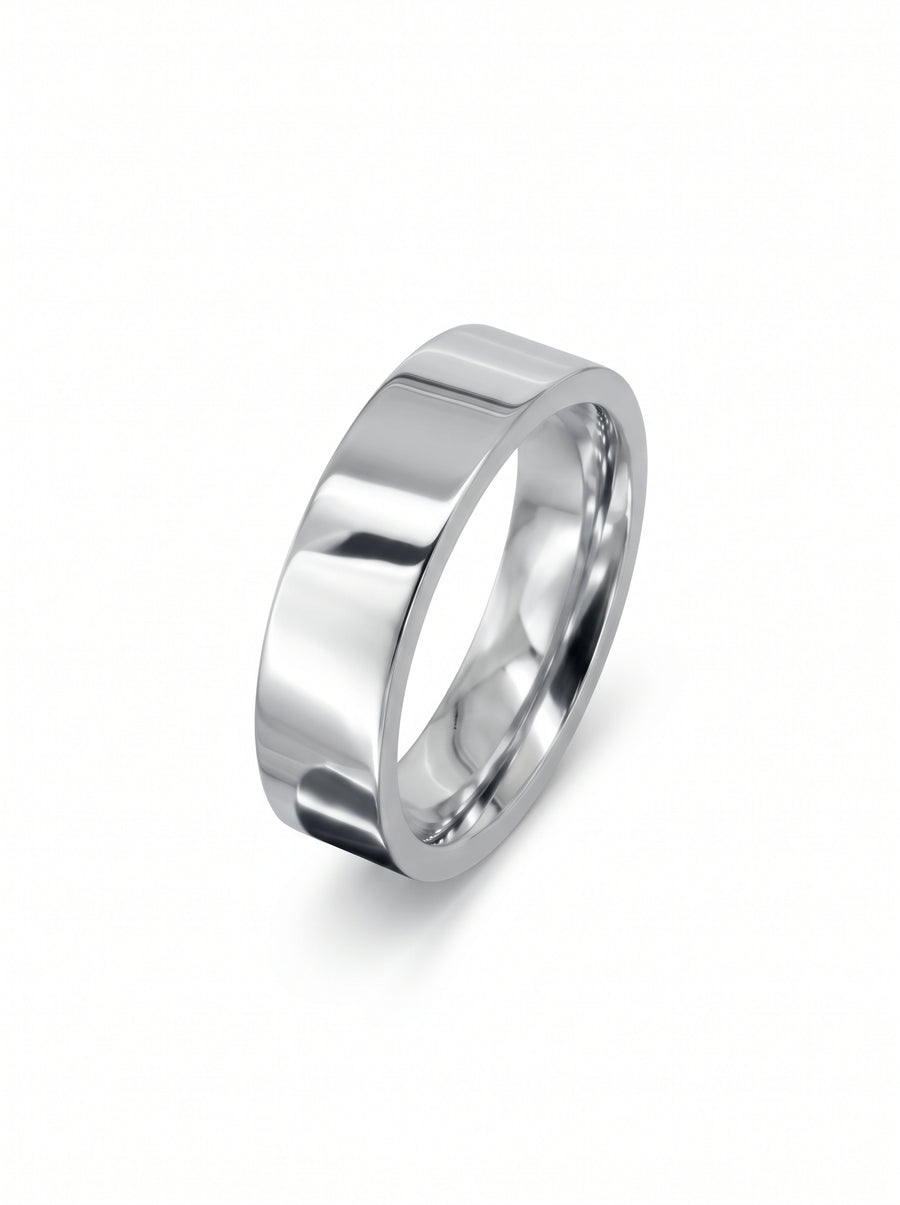 Polished silver-tone flat wedding ring with a smooth, minimalist band design.