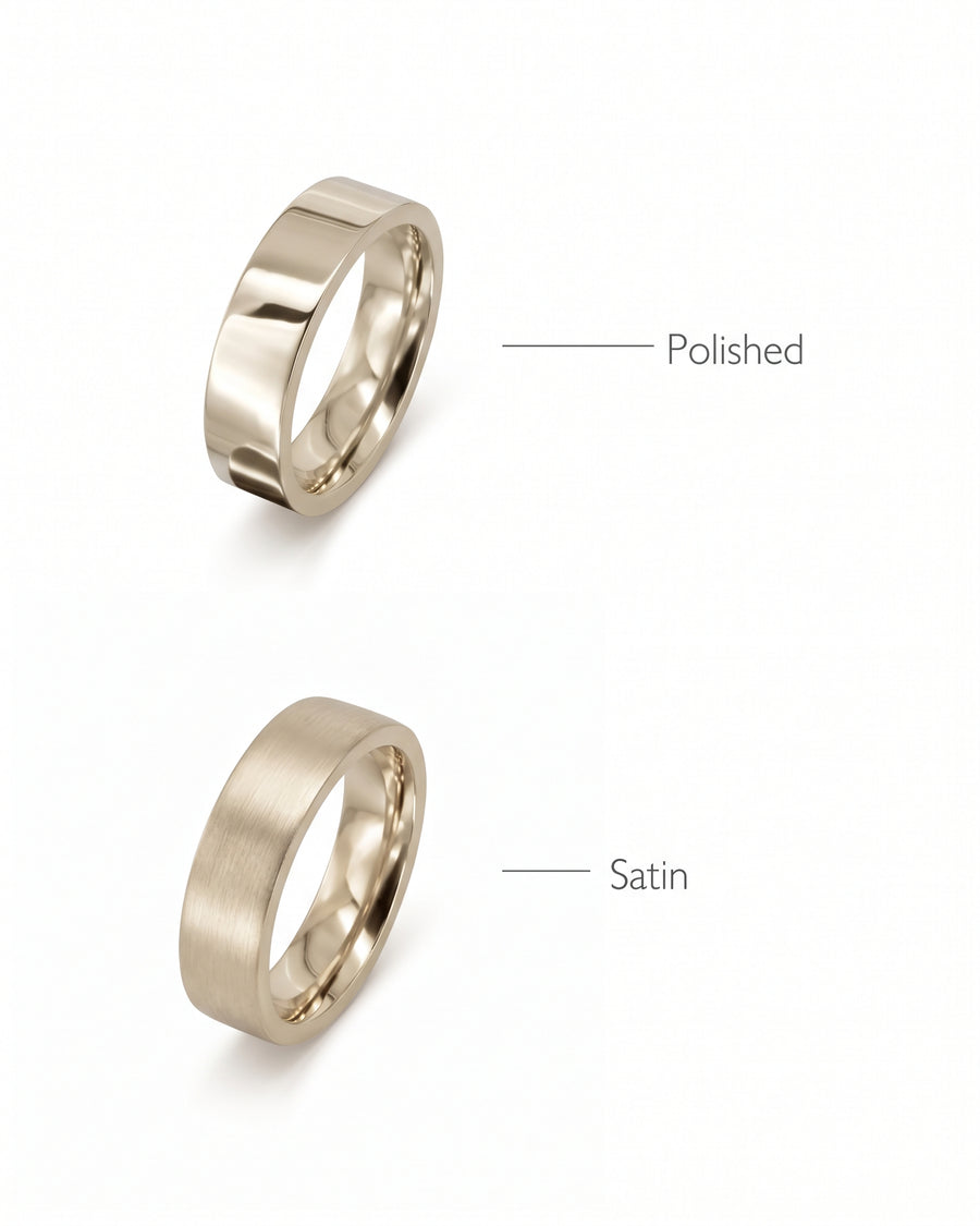 Two flat gold wedding rings, one with a polished finish and one with a satin finish.
