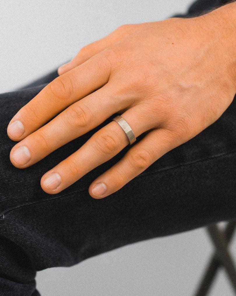 Men's Hammered Wedding Ring Ring Pruden and Smith On Model