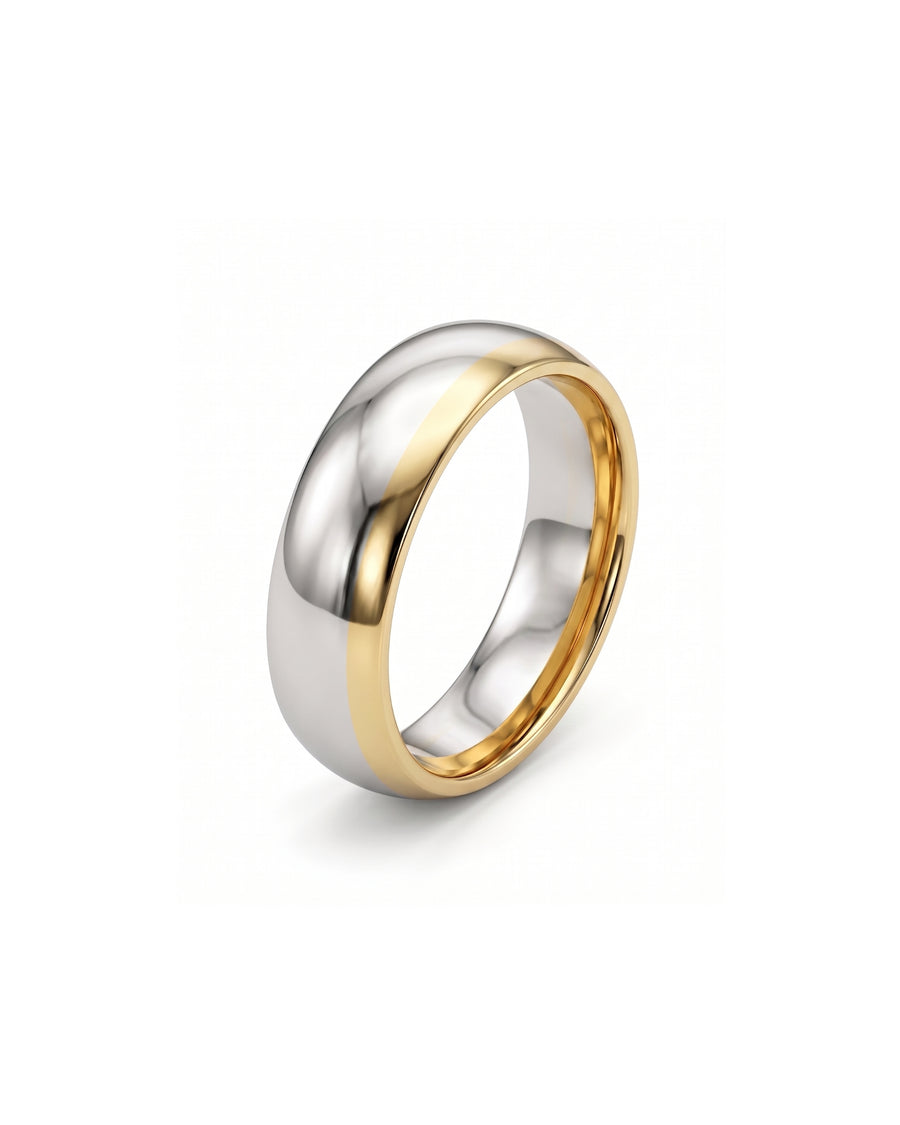 Men's mixed metal matt finish court shaped wedding band.