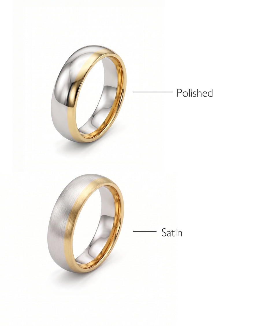 Men's mixed metal court shaped wedding band with polished and satin finishes.