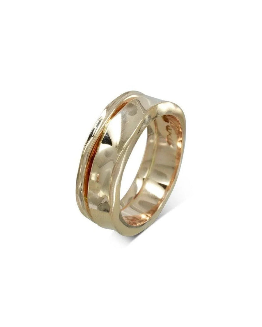 Hammered gold wedding ring with organic, textured band and unique rustic finish