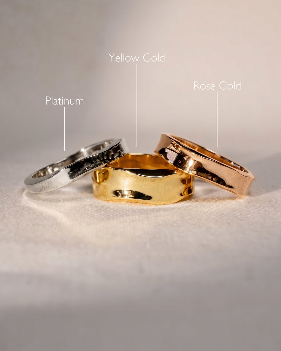 Men's side hammered wedding rings in platinum, yellow gold, and rose gold.