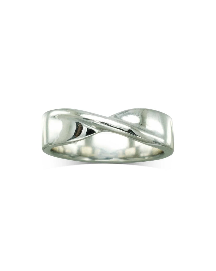 Platinum wedding band with a twist design.