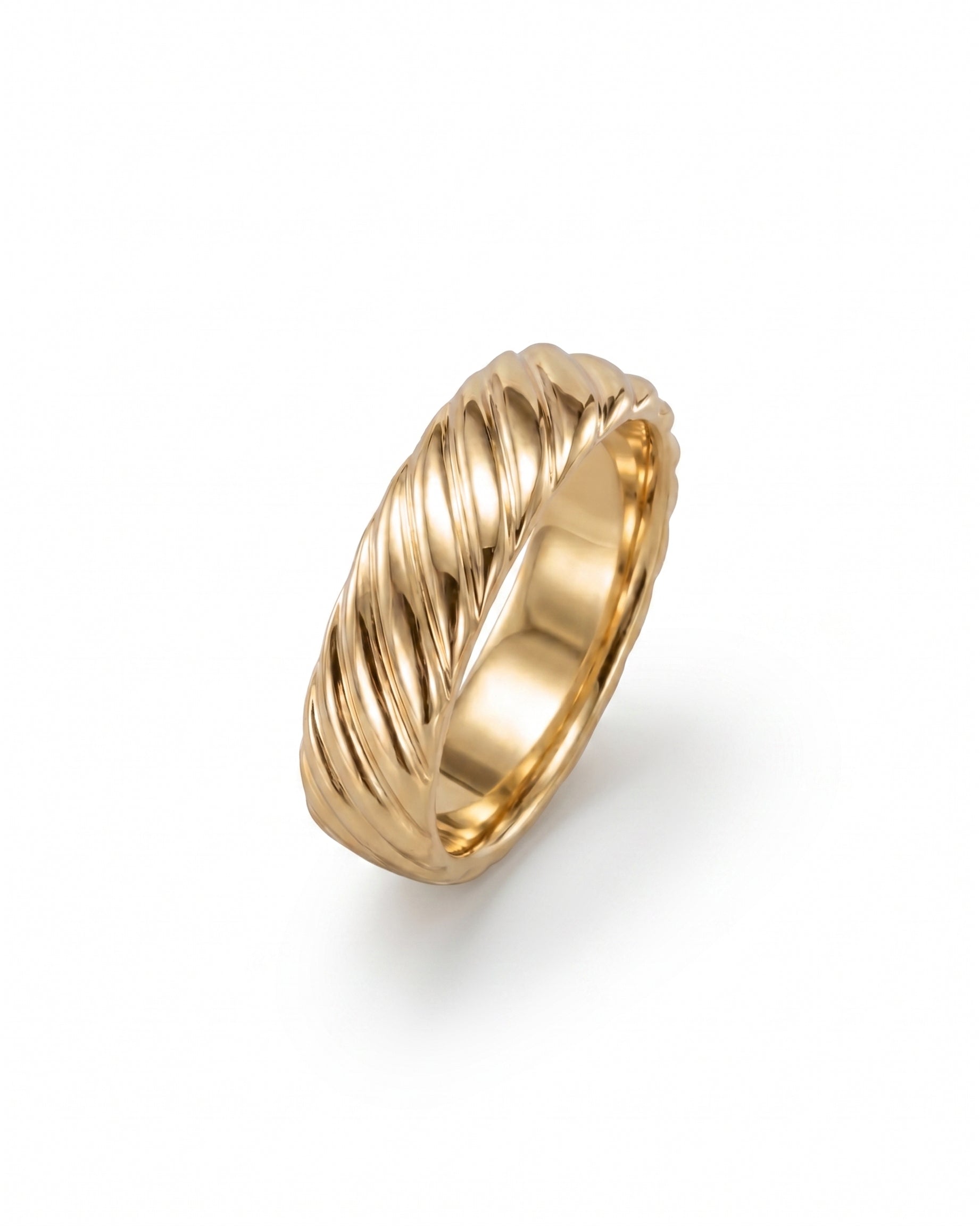 Gold men's yellow gold wedding band with a polished twisted rope texture design on a white background.