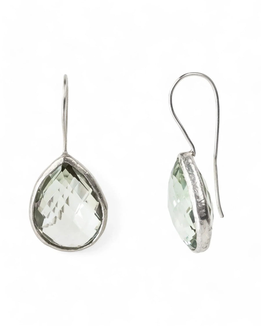 Green drop earrings with faceted crystal stones in silver, handmade luxury jewellery
