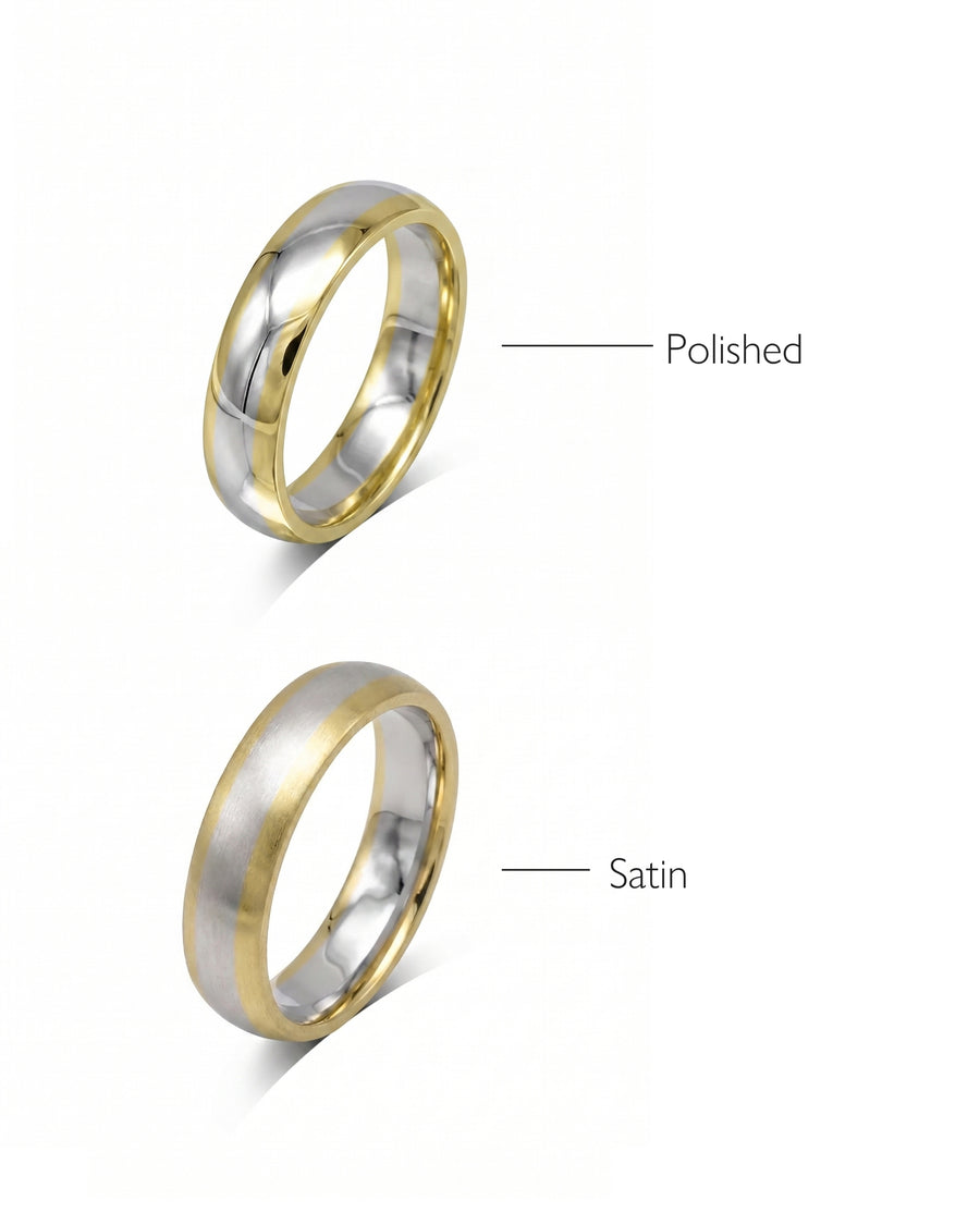 Mixed metal court shaped wedding band, polished and satin finishes.