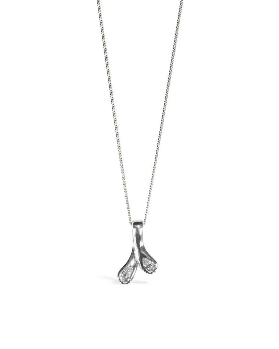 Elegant silver necklace with twin diamond drop pendant on a white background