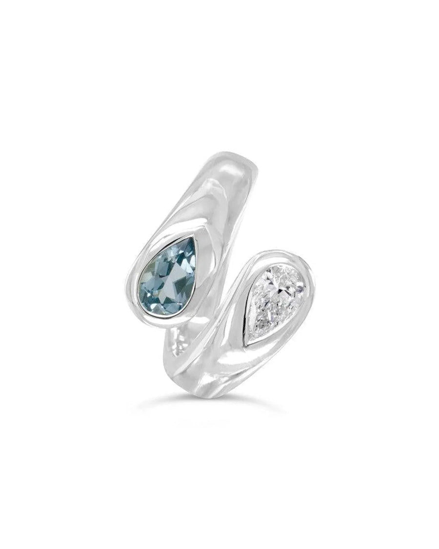 Platinum ring with pear-shaped aquamarine and diamond in a modern open design