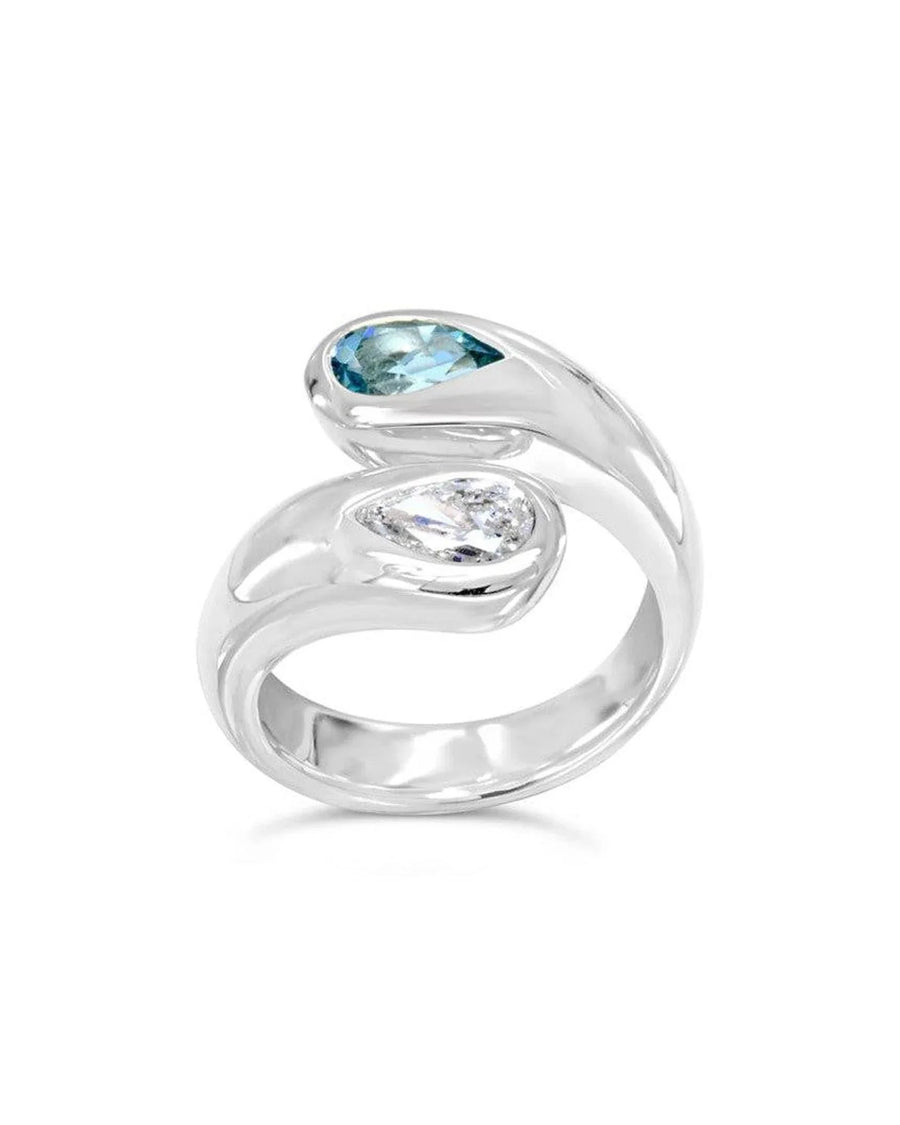 Platinum ring with pear-shaped aquamarine and diamond in a modern swirl design
