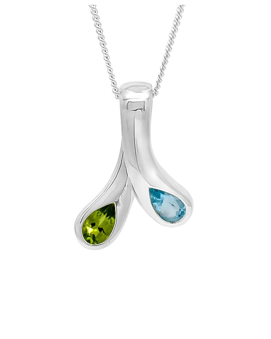 Silver pendant necklace with blue topaz and peridot teardrop gemstones, unique handmade jewellery