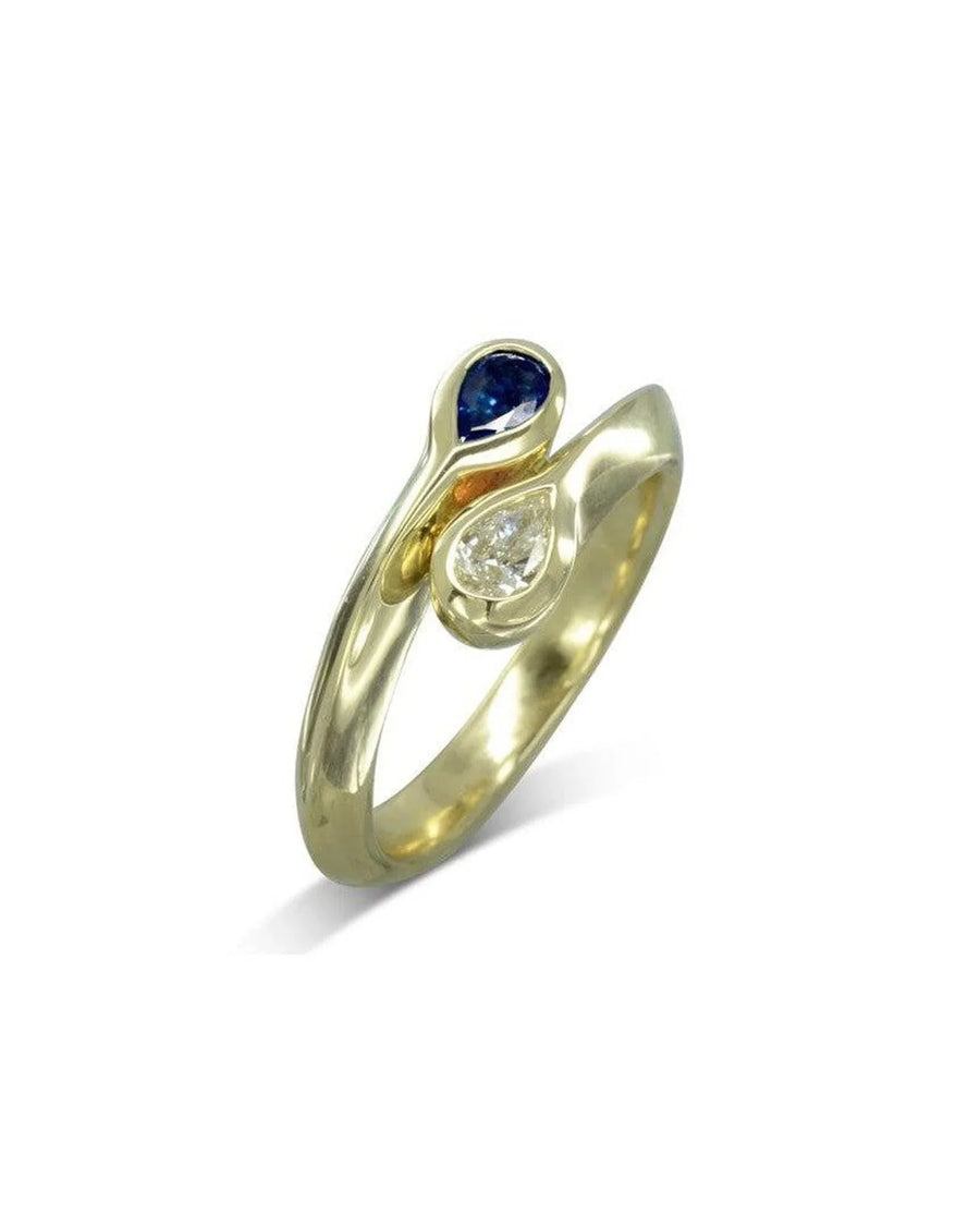 Gold Moi et Toi ring with pear-shaped blue sapphire and diamond.