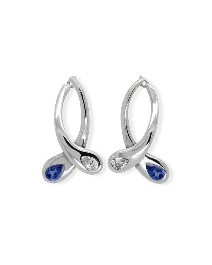 White gold drop earrings with organic curves, featuring sapphire and diamond gemstones