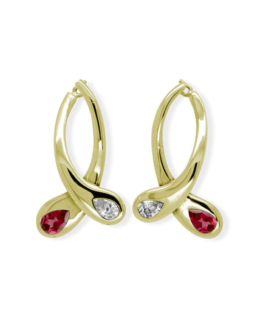 Gold moi et toi earrings with ruby and diamond teardrop stones, luxury handmade jewelry