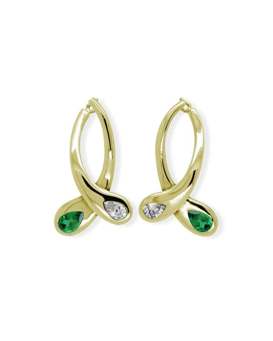 Yellow gold drop earrings with pear-shaped emerald and diamond accents on a white background