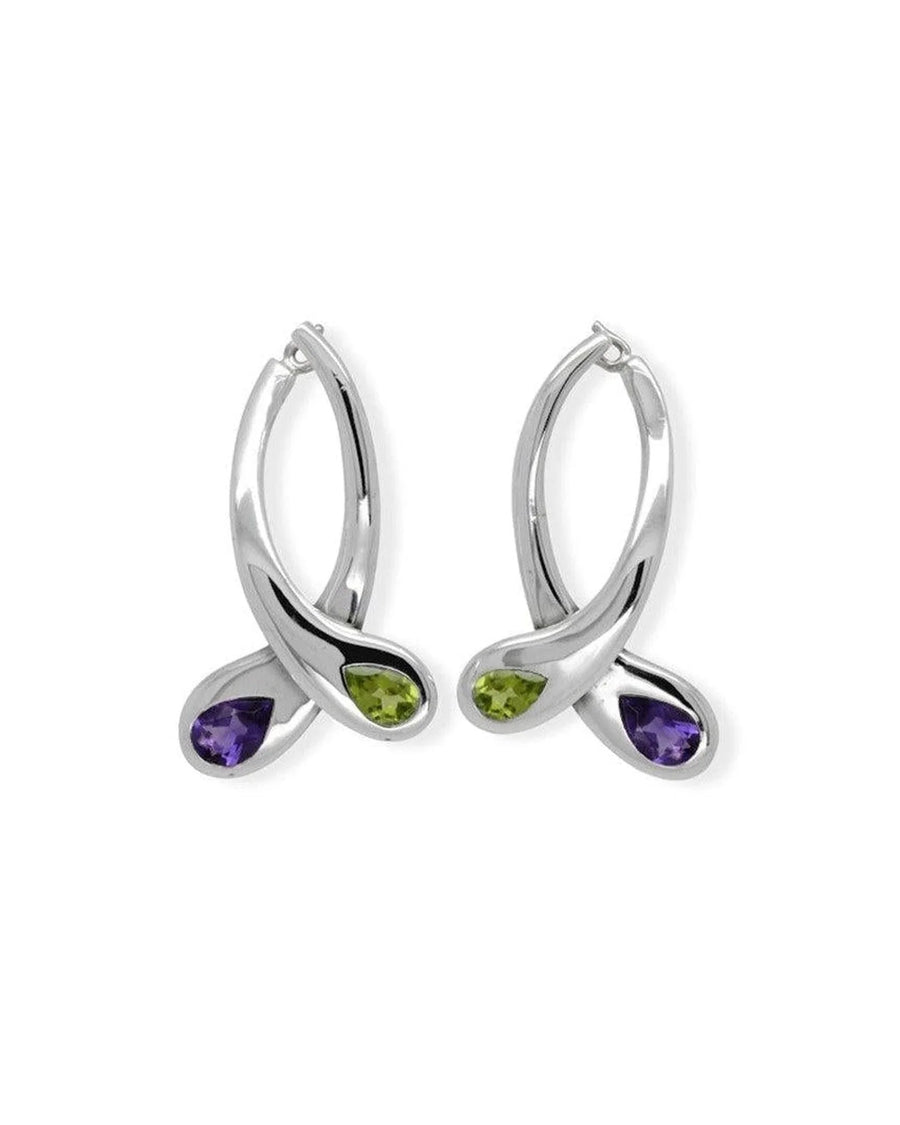 Silver drop earrings with teardrop peridot and amethyst gemstones, unique modern design