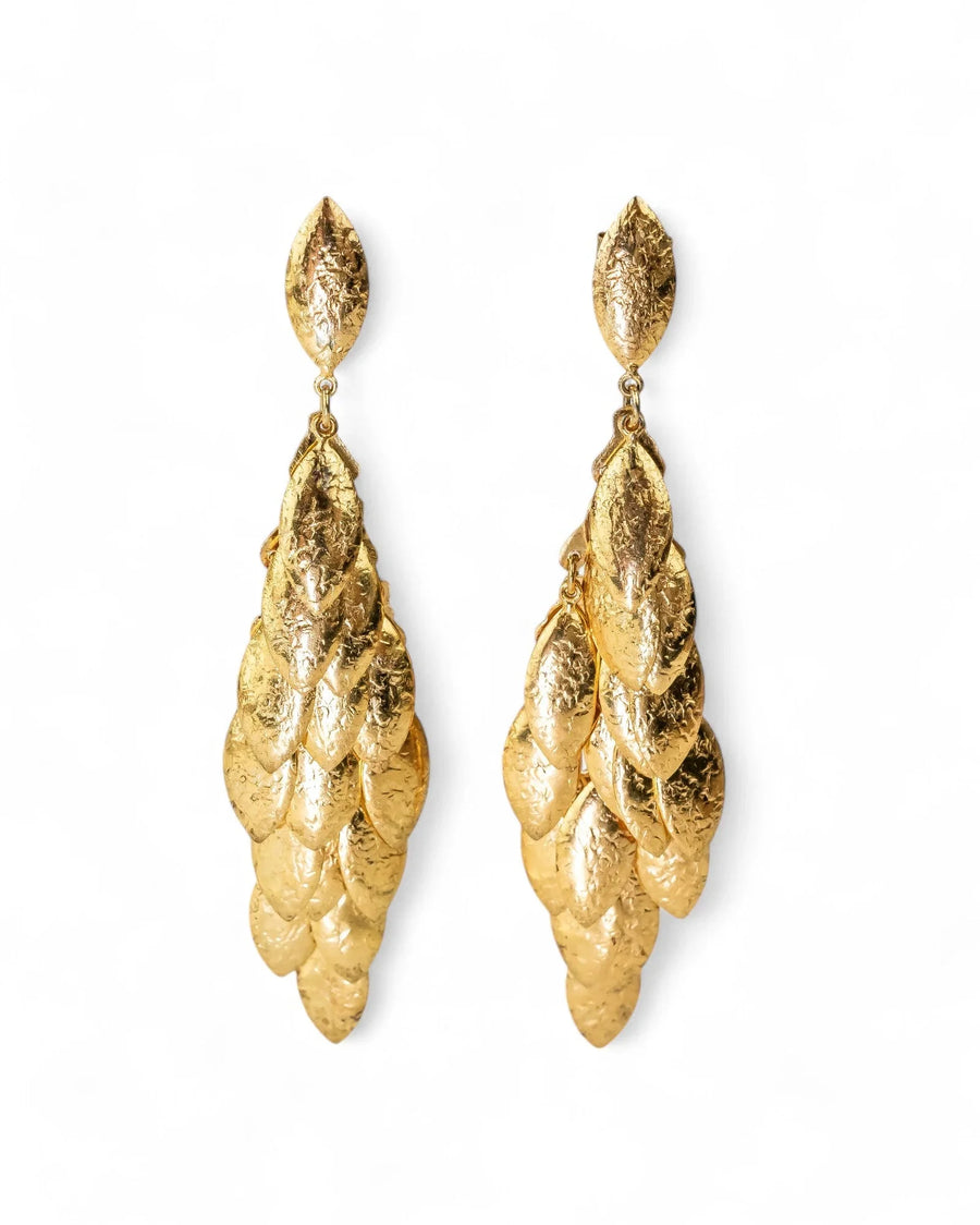 Gold multi leaf long drop earrings with textured finish.