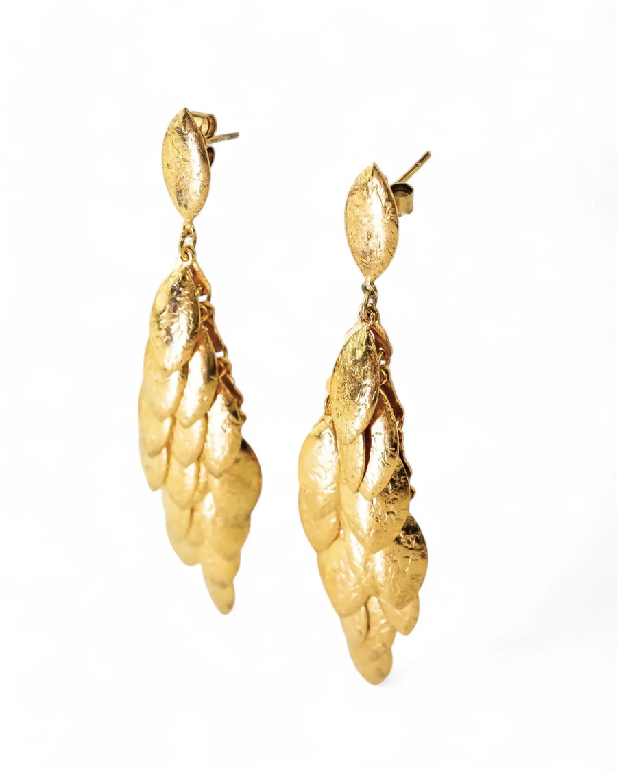 Yellow gold vermeil multi leaf long drop earrings.