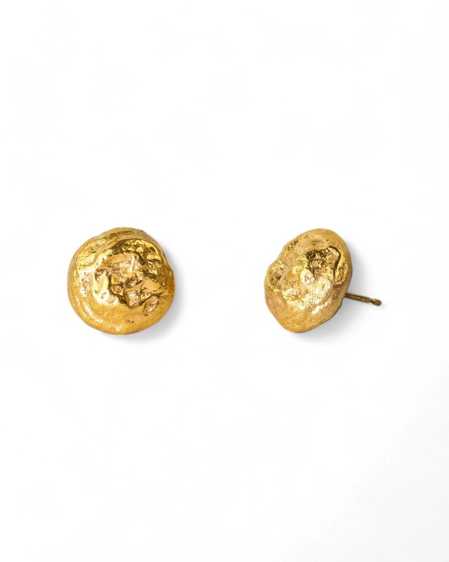 Pair of yellow gold nugget stud earrings with an organic, textured shape.