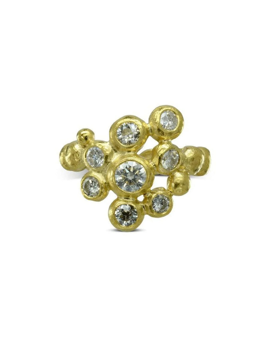 Gold nugget diamond cluster ring with multiple round diamonds.