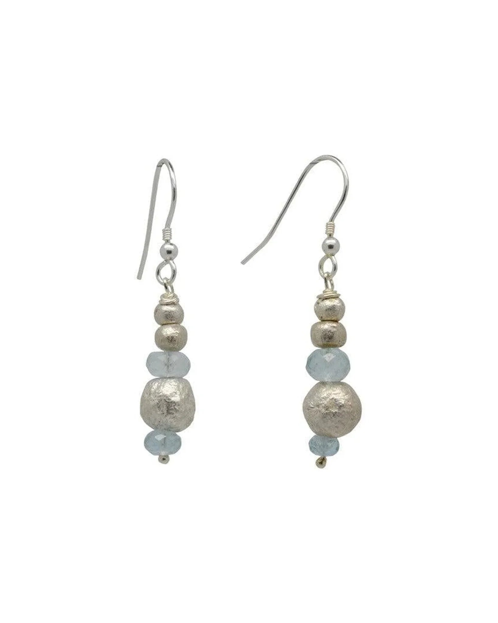 Handcrafted silver and blue topaz drop earrings with organic shapes and textured beads