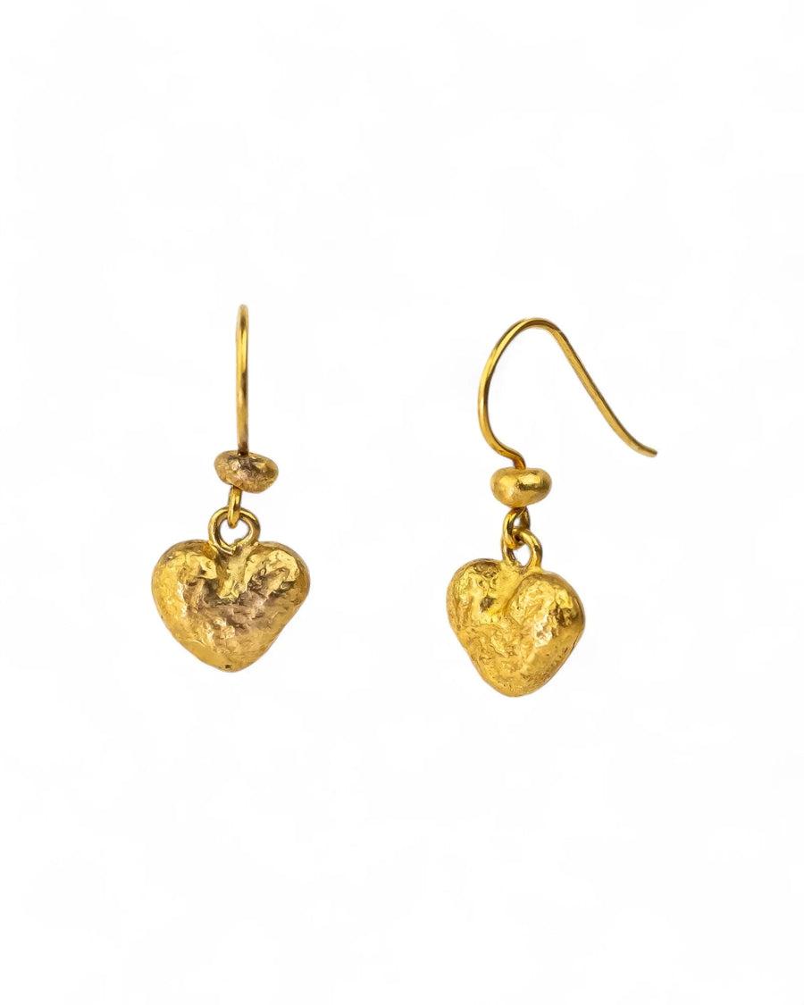 Gold nugget heart drop earrings with a textured finish.