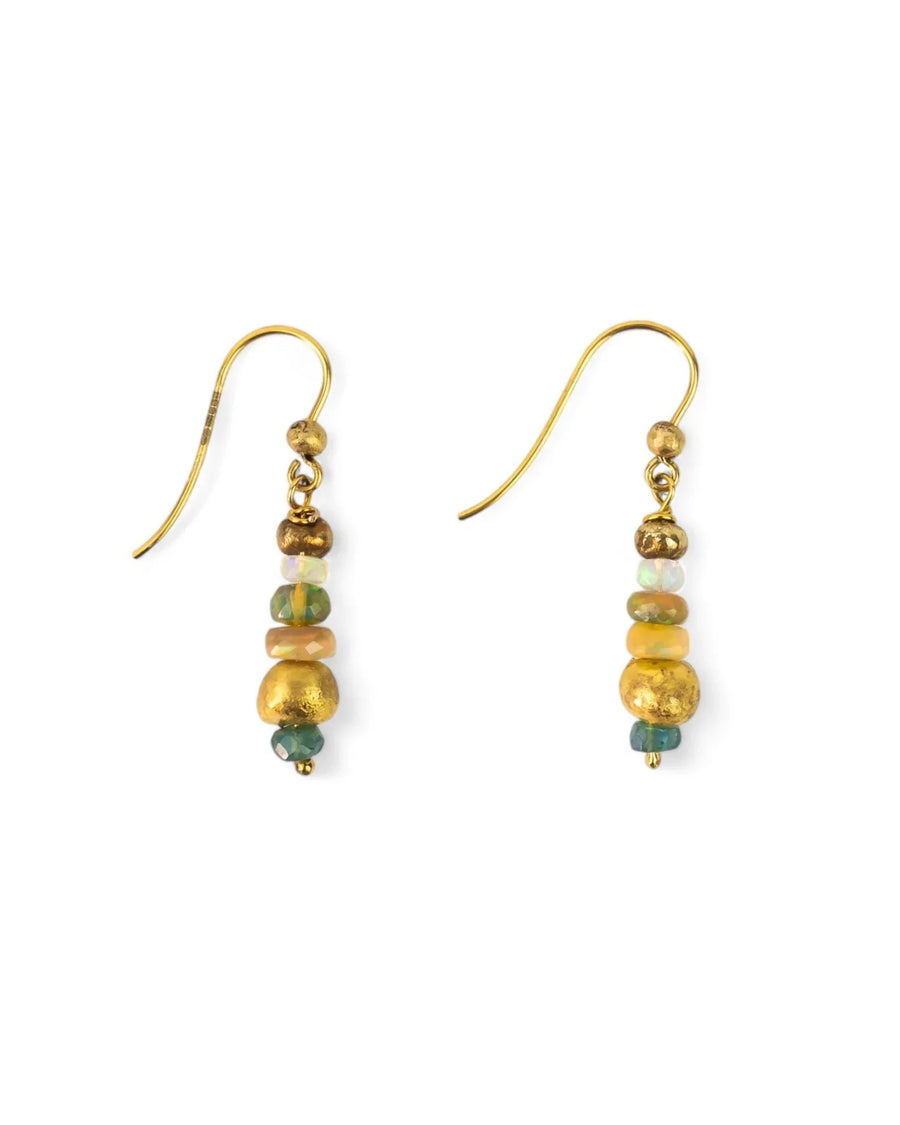 Dangly earrings with opal beads and textured gold accents, handmade, organic design