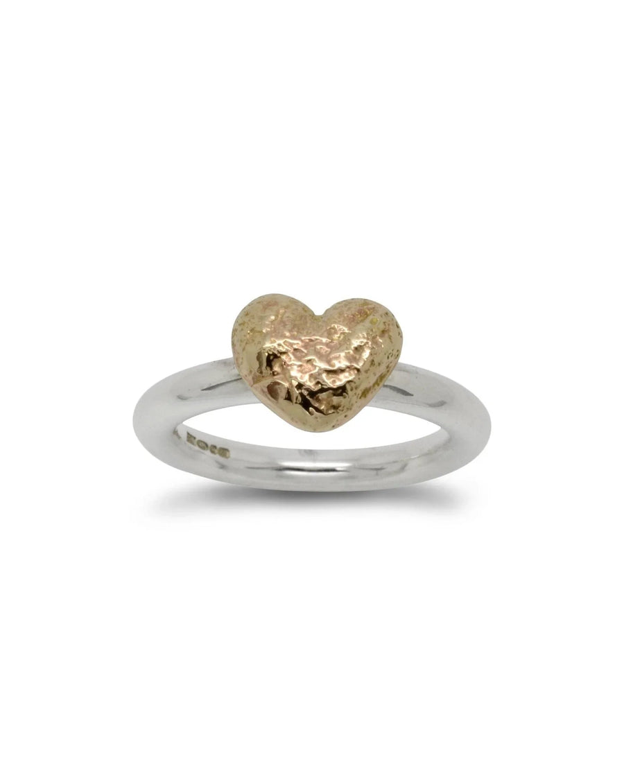 Silver band ring featuring a textured 9ct yellow gold nugget heart.