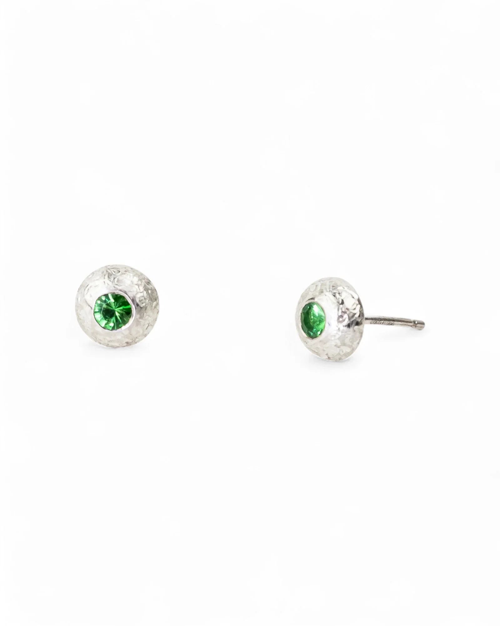 Handmade silver nugget stud earrings with green tourmaline gemstones, organic texture