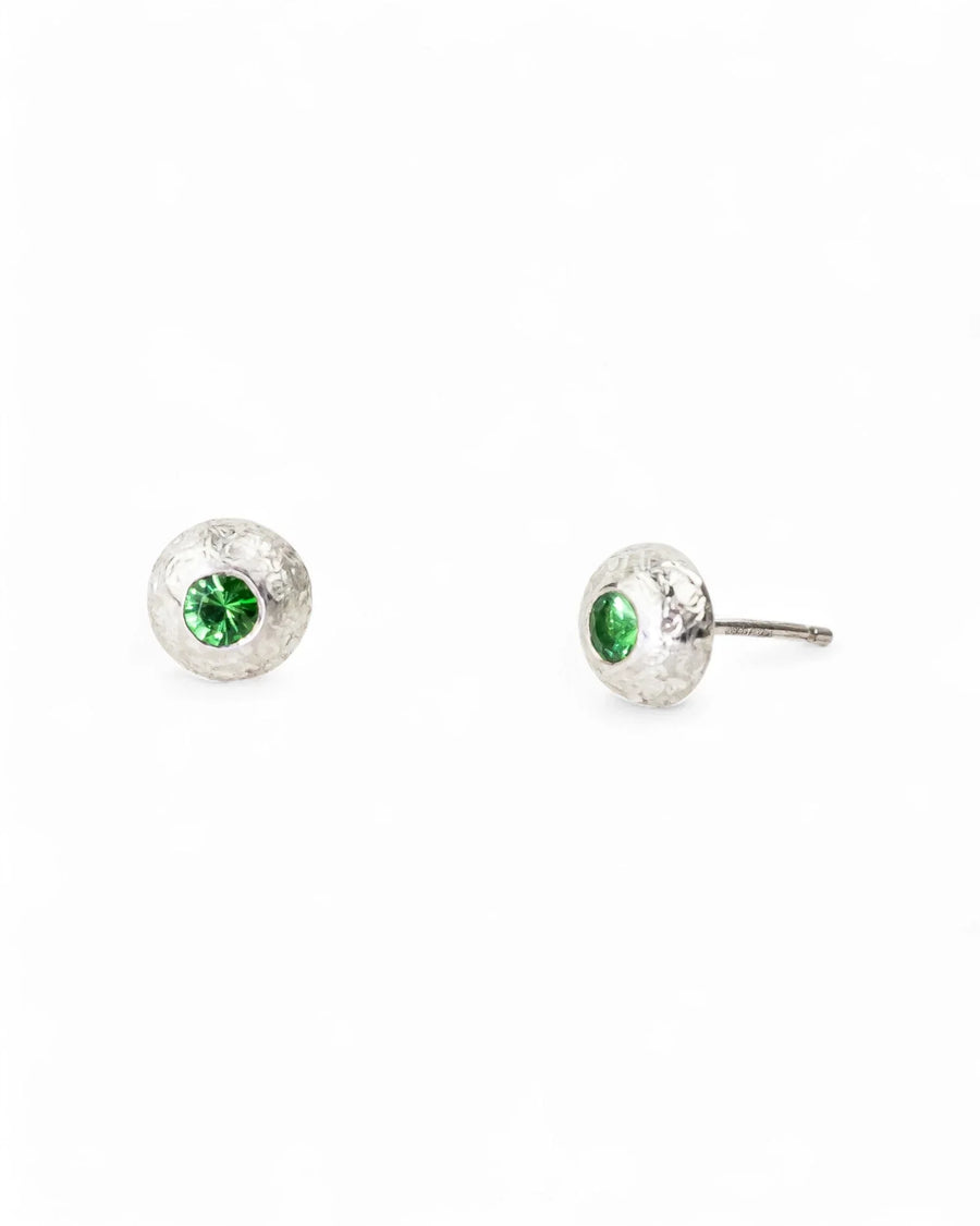 Handmade silver nugget stud earrings with green tourmaline gemstones, organic texture