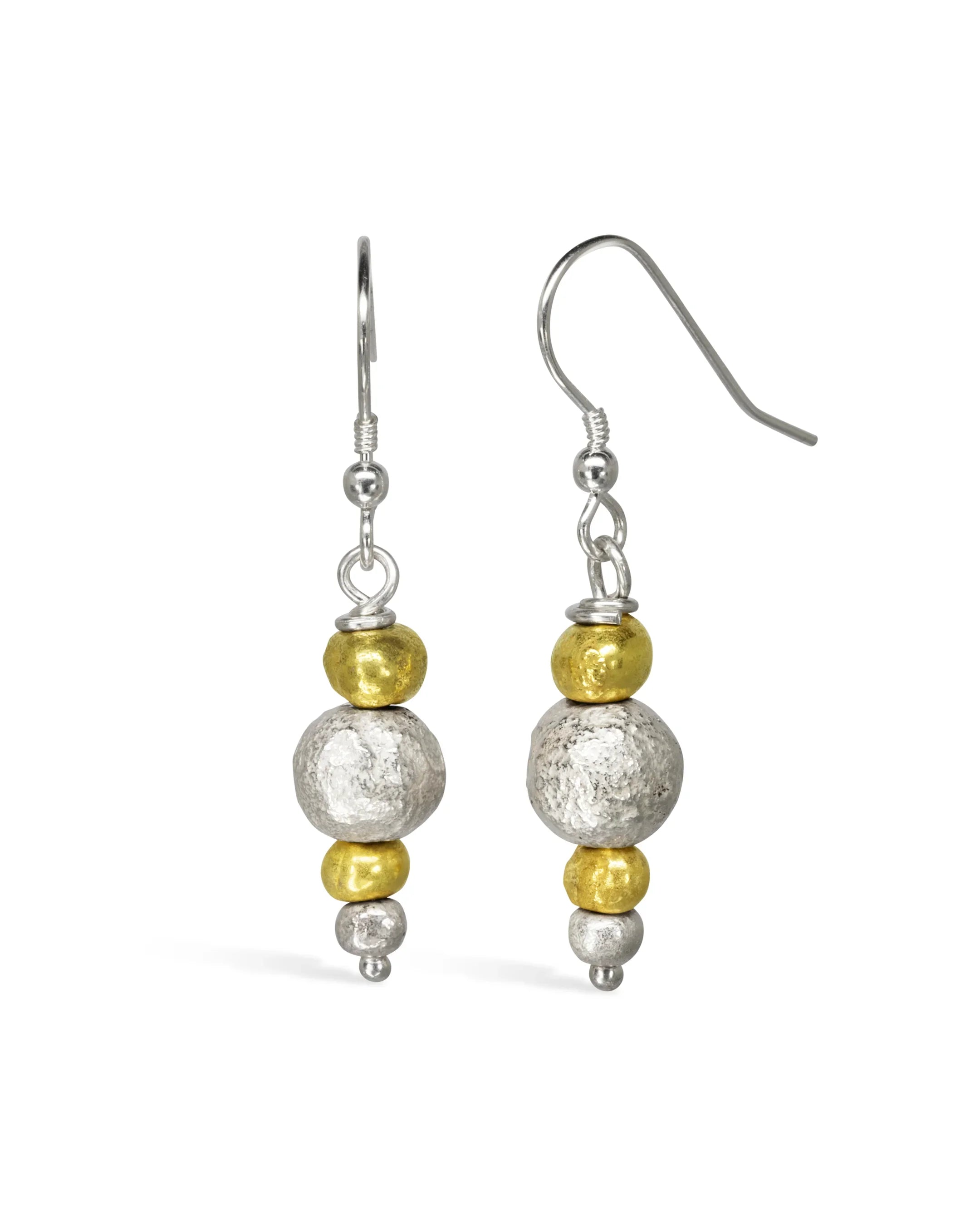 Handcrafted dangle earrings with gold and silver organic textured beads on hooks