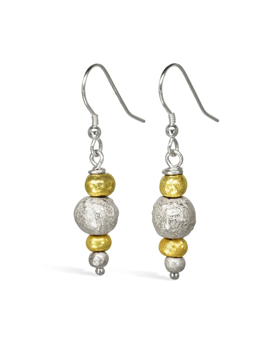 Handmade drop earrings with textured gold and silver beads on sterling hooks