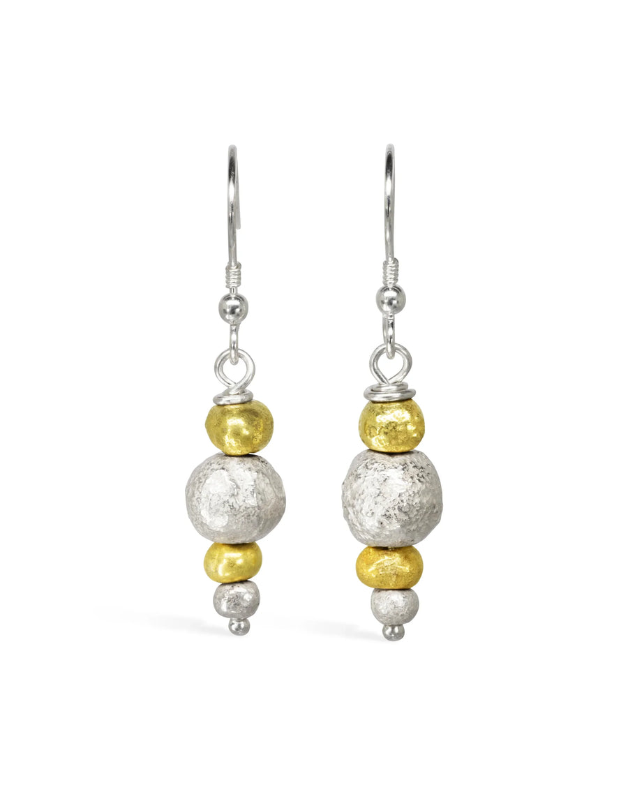 Handmade drop earrings with textured gold and silver organic beads on hooks