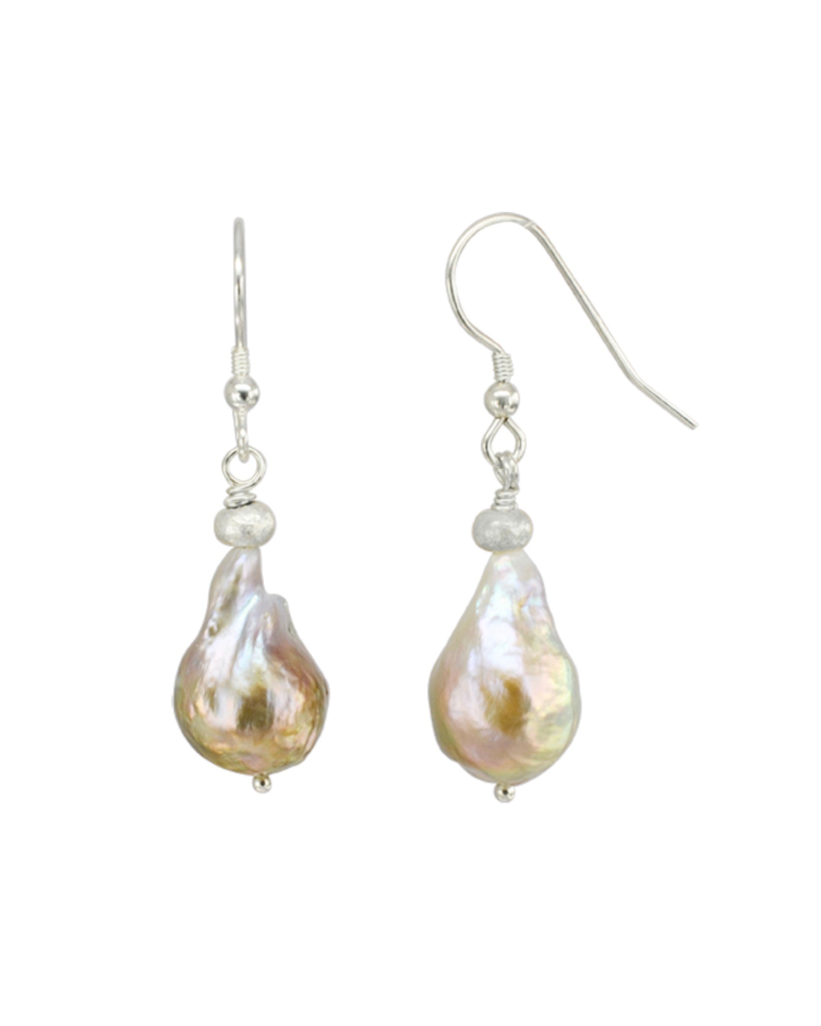 Silver drop earrings with iridescent baroque pearls.