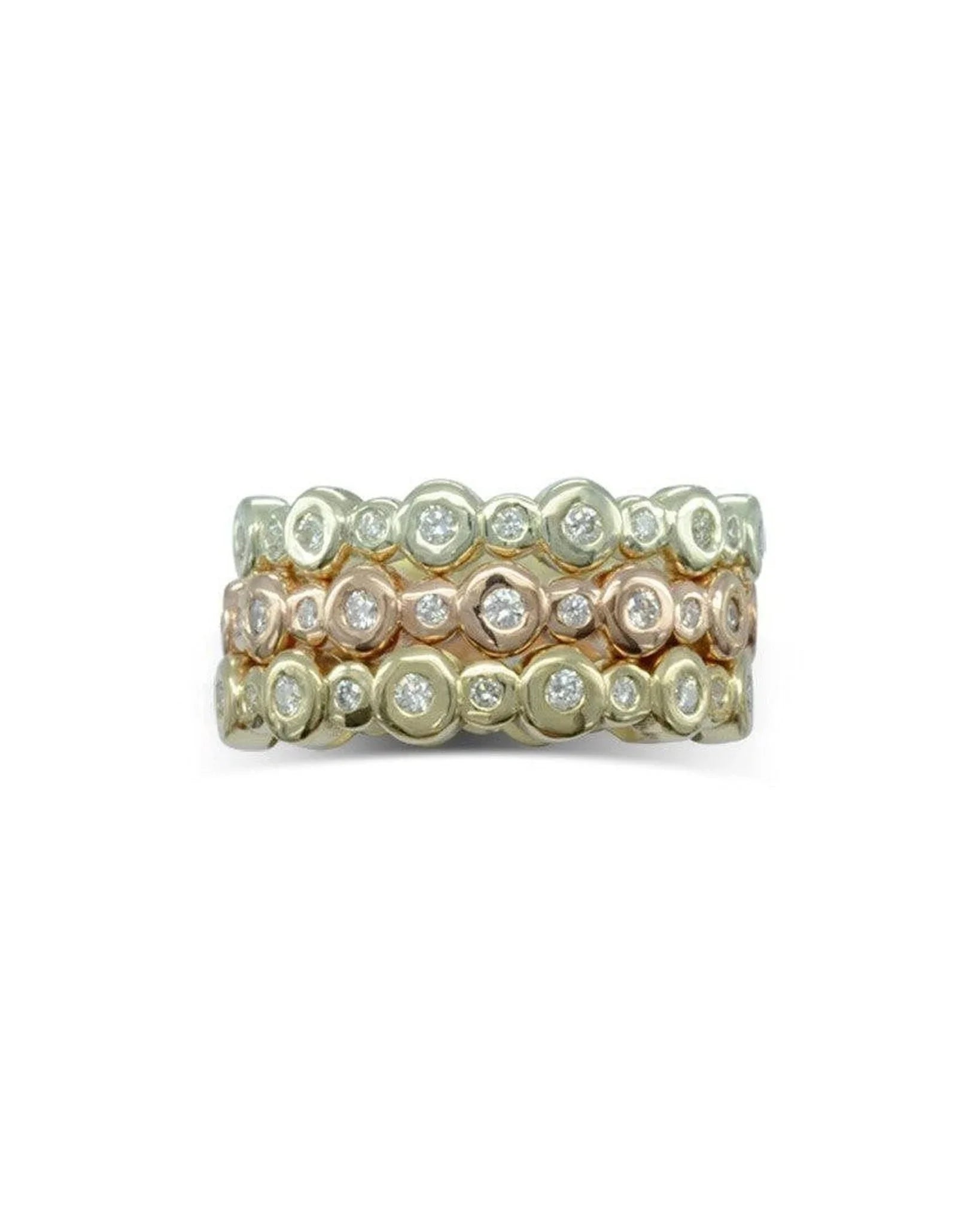Nugget Three Colour 9ct Gold Diamond Stacking Rings Ring Pruden and Smith