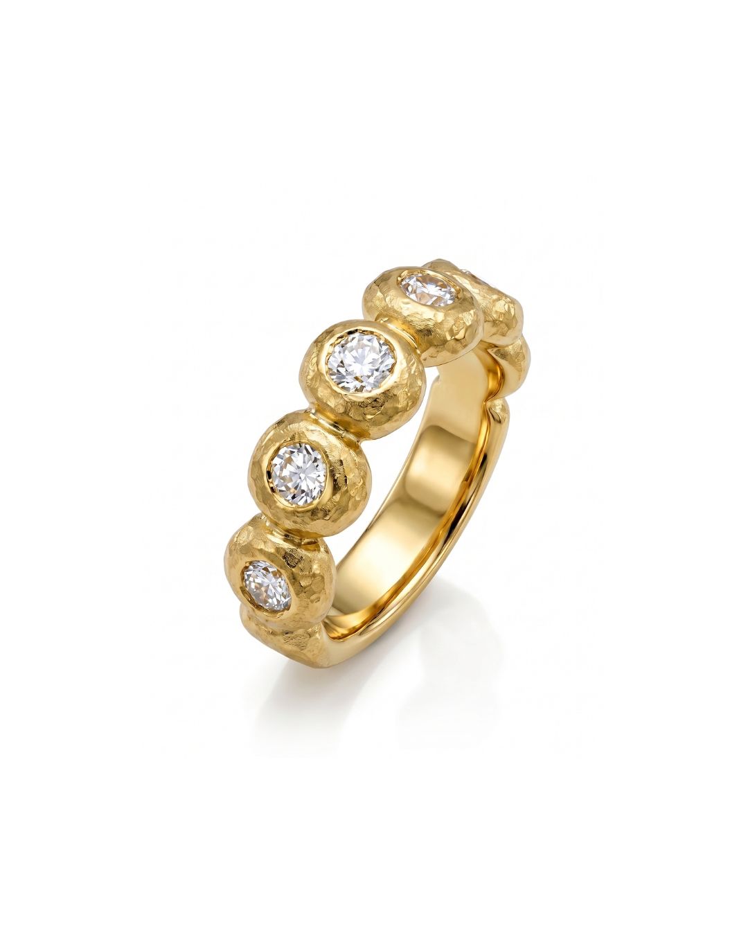 Nugget yellow gold diamond eternity ring with five round diamonds.