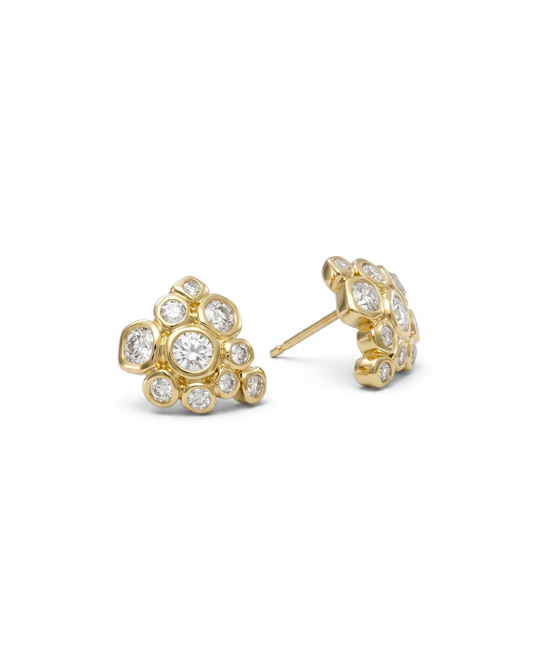 Yellow gold cluster stud earrings with old cut diamonds.