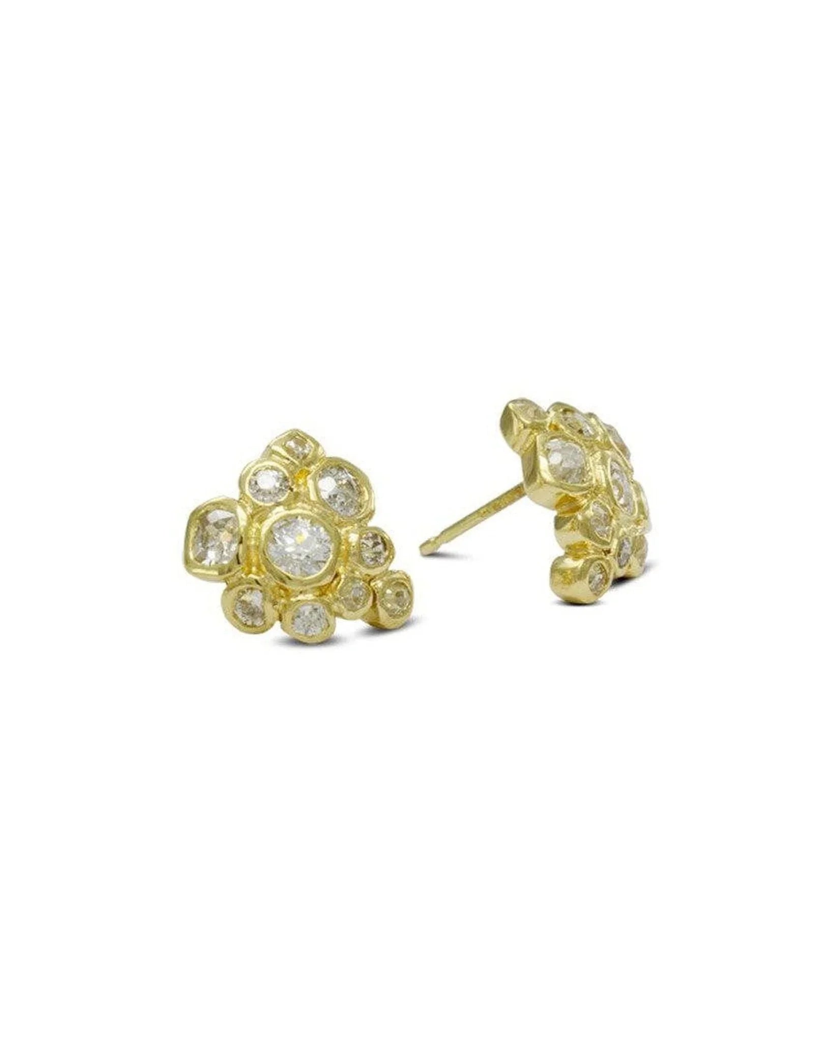 Gold cluster stud earrings with old cut diamonds in organic floral design