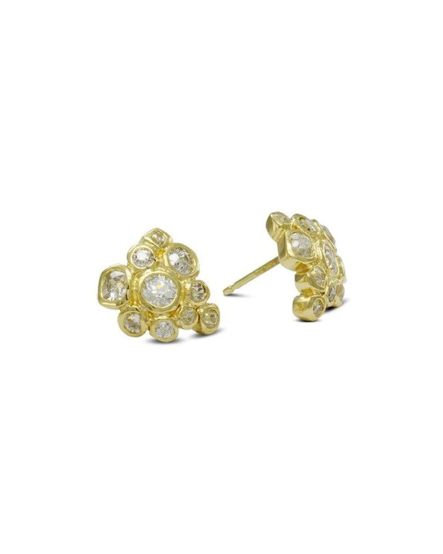 Gold stud earrings with old cut diamond cluster design.