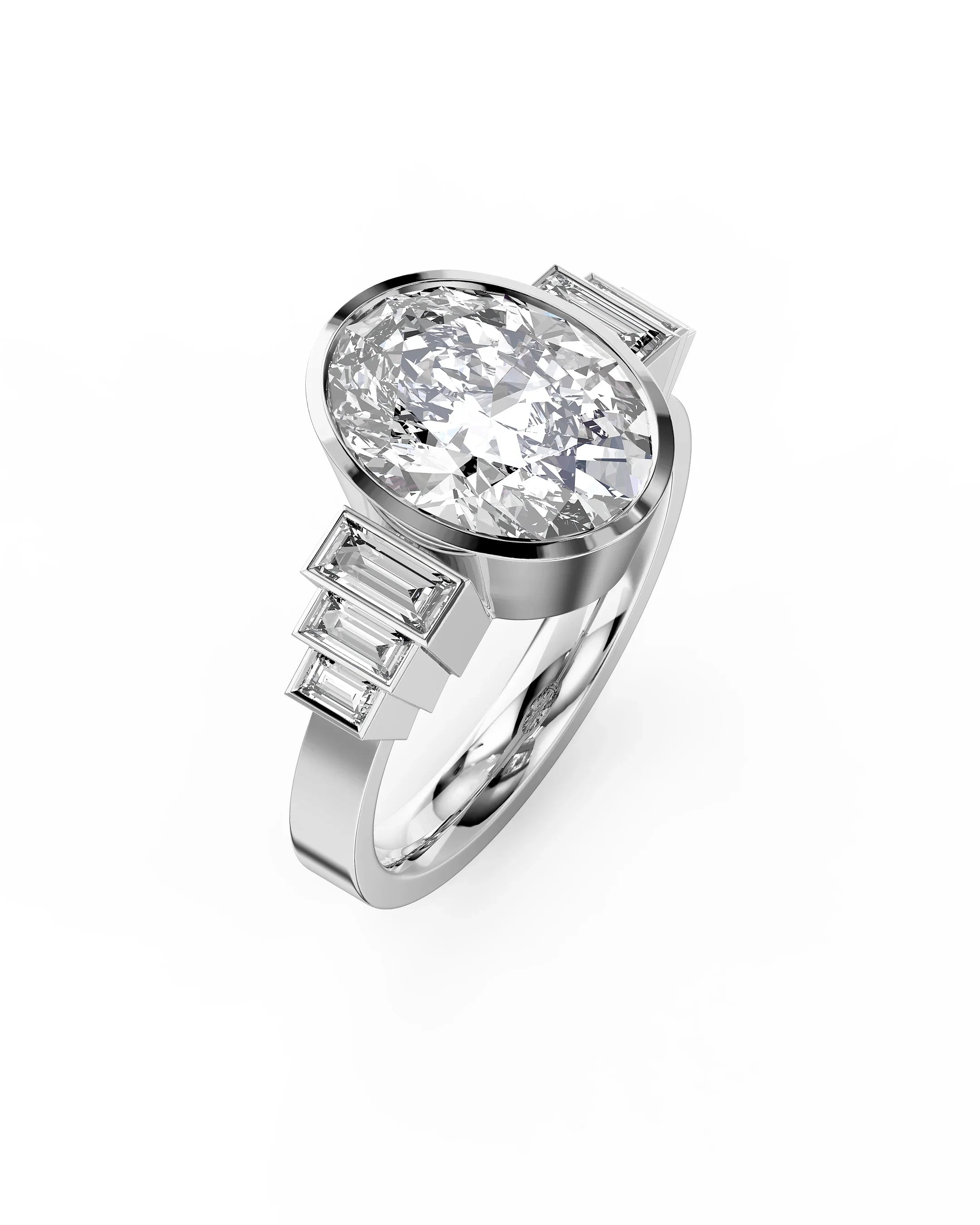 Platinum oval cut diamond engagement ring with baguette side stones.