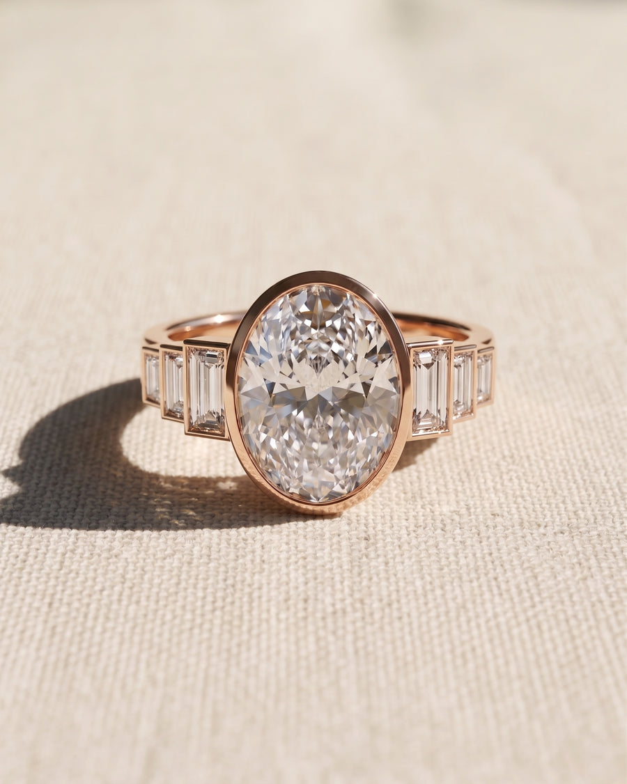 18ct rose gold oval cut seven diamond engagement ring.