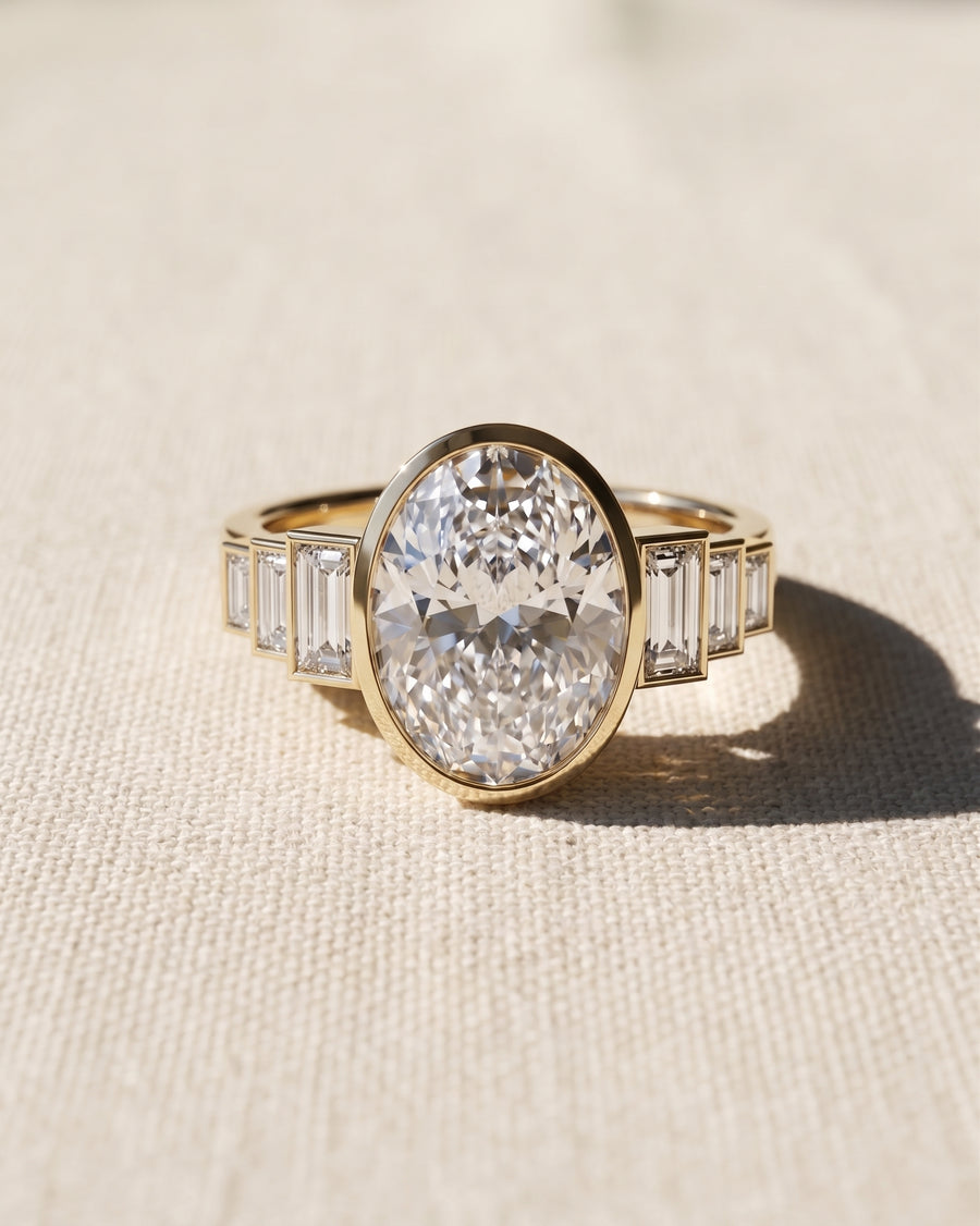 18ct yellow gold oval cut lab grown diamond engagement ring with baguette side diamonds.