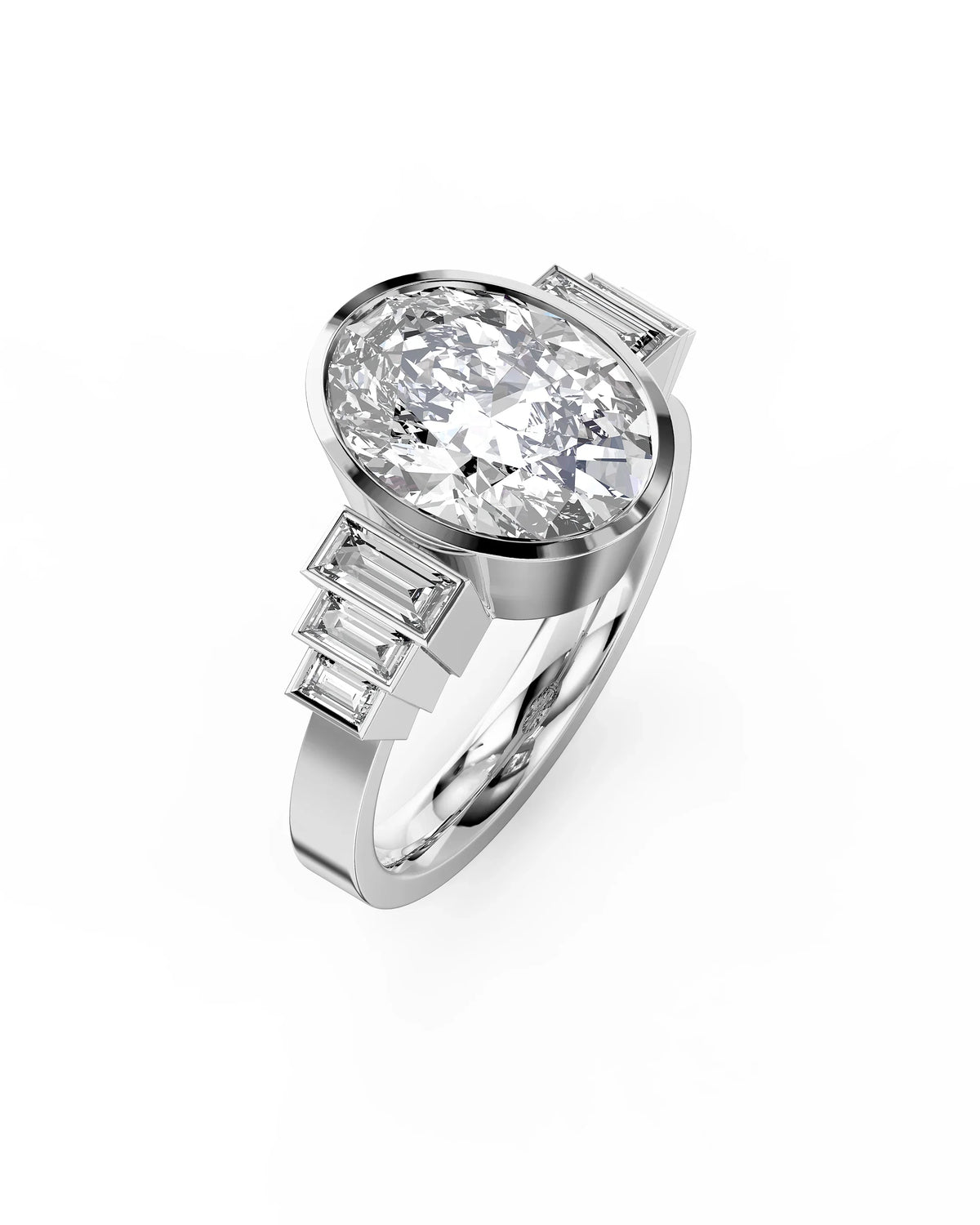 Oval diamond engagement ring in platinum with three baguette diamonds on each side in a bezel setting.